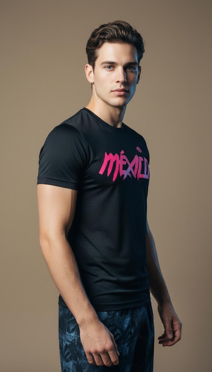 Playera México negro con rosa neón caballero