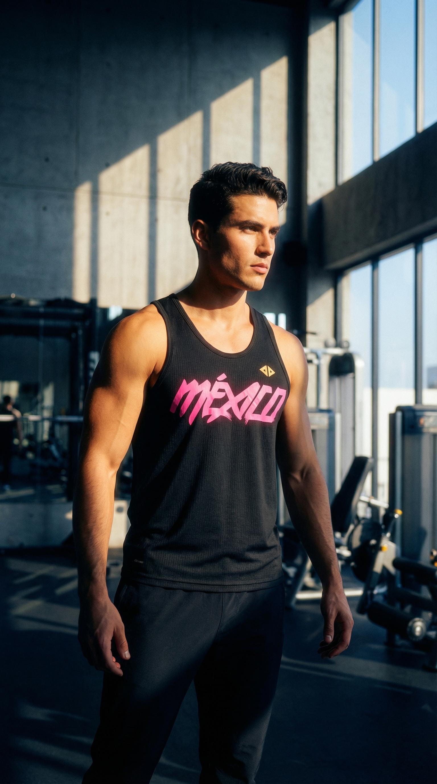Camiseta México negro con rosa neón caballero