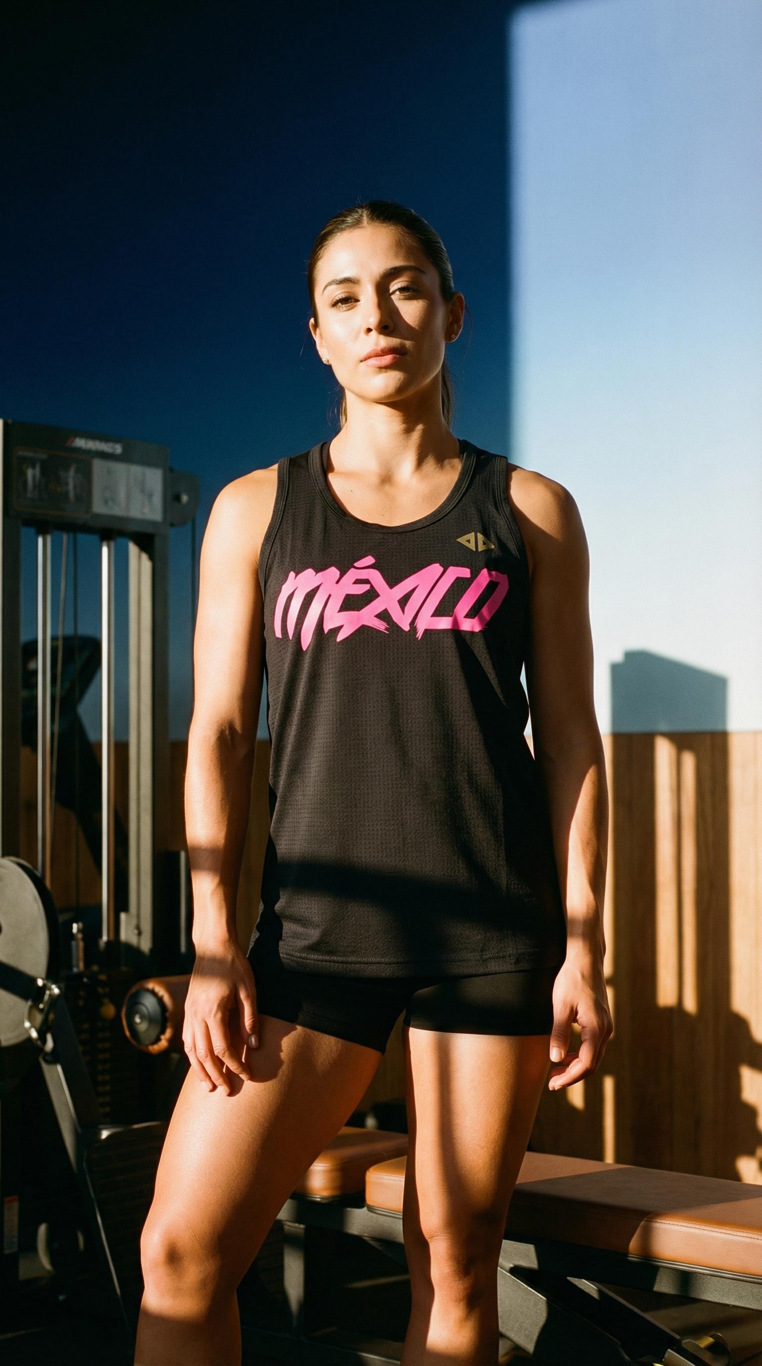 Camiseta México negro con rosa neón Dama