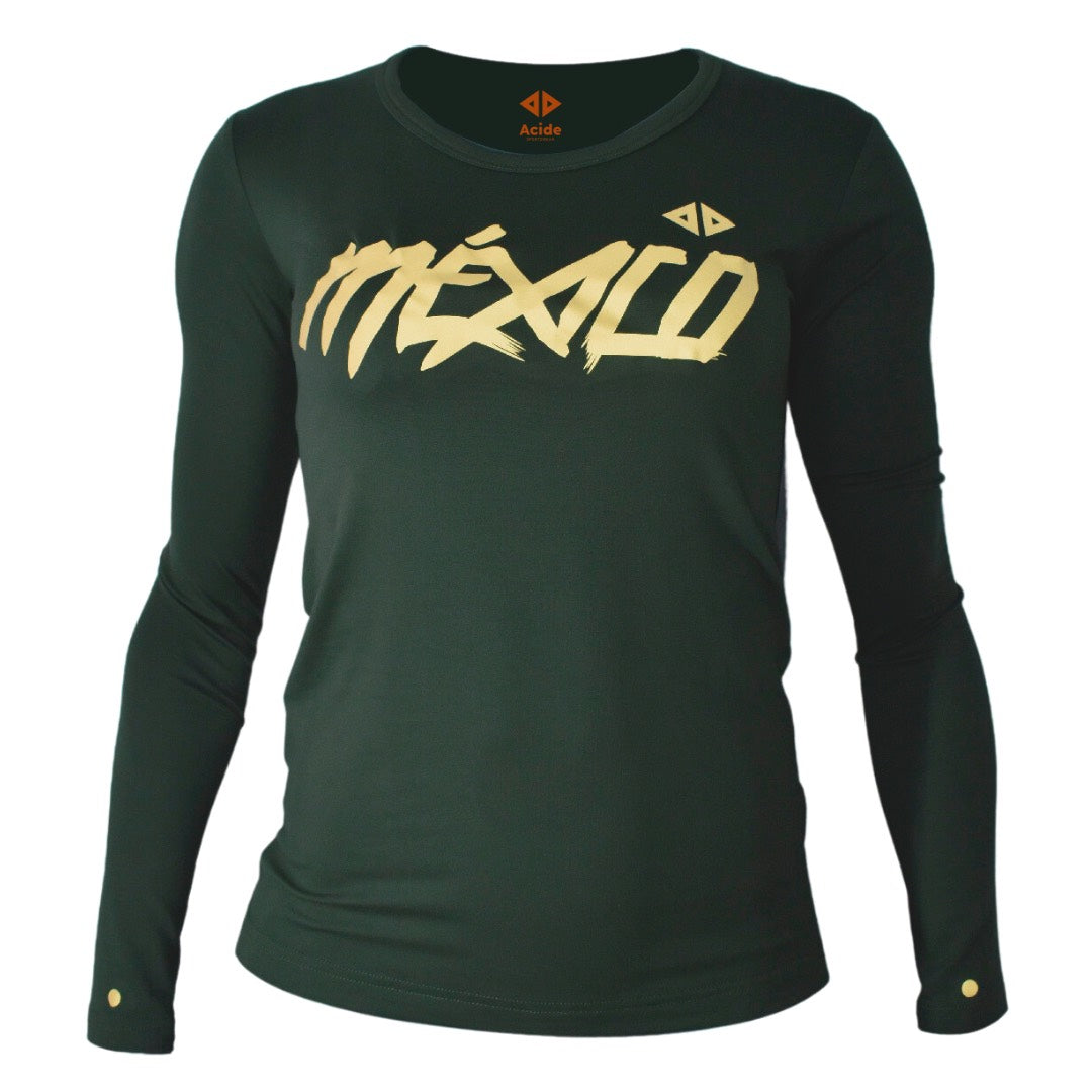 Playera México Quetzalcóatl dama manga larga verde militar
